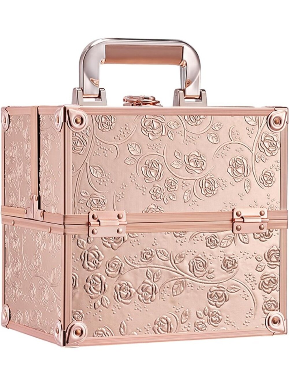 Portable Makeup Train Case Organizer with 4 Trays, Lock & Dividers - Rose Gold